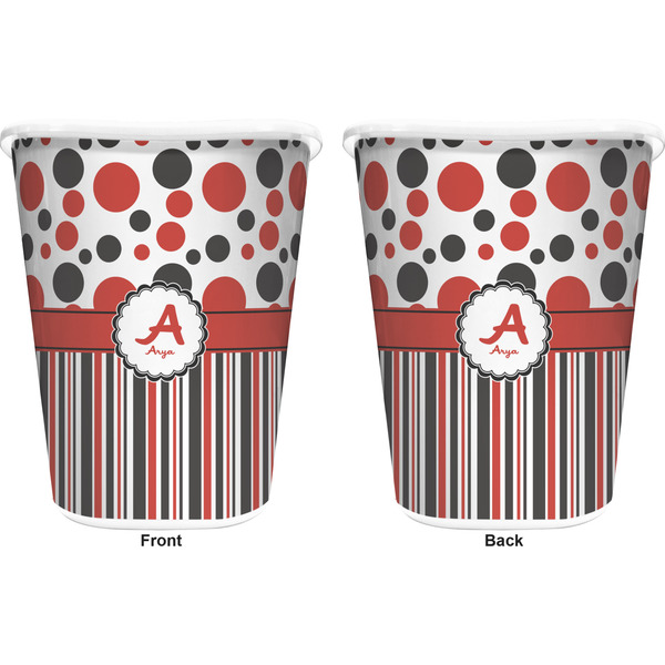 Red & Black Dots & Stripes Trash Can White - Front and Back - Apvl