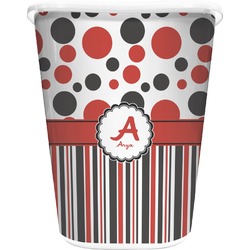 Red & Black Dots & Stripes Waste Basket - Single Sided (White) (Personalized)