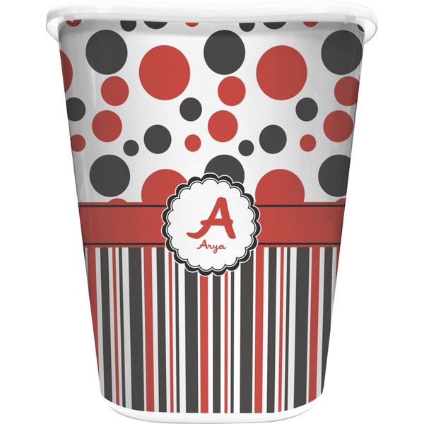 Custom Red & Black Dots & Stripes Waste Basket - Single Sided (White) (Personalized)