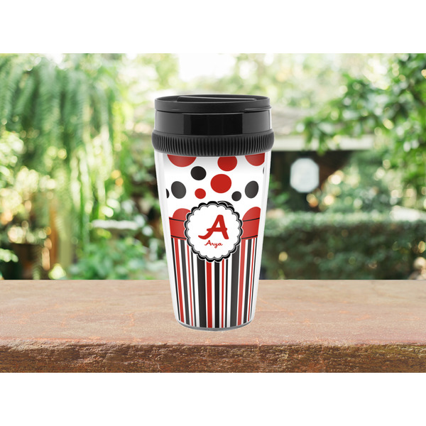 Red & Black Dots & Stripes Travel Mug Lifestyle (Personalized)