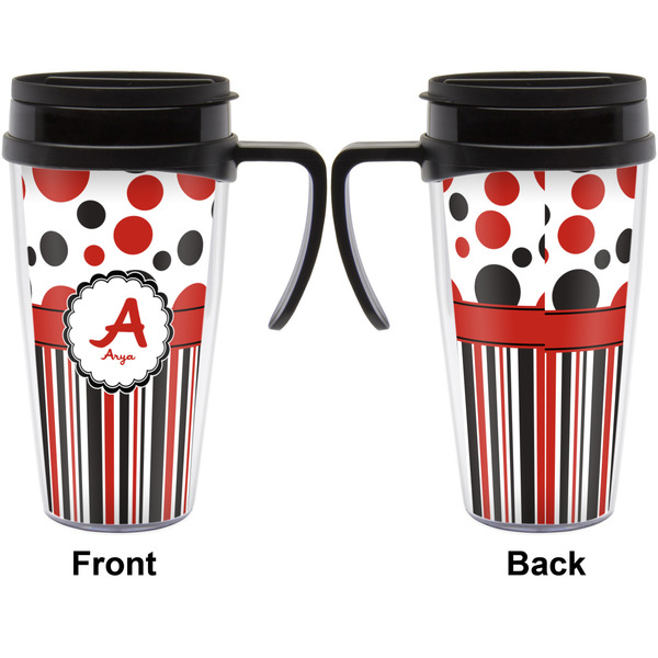 Red & Black Dots & Stripes Travel Mug with Black Handle - Approval