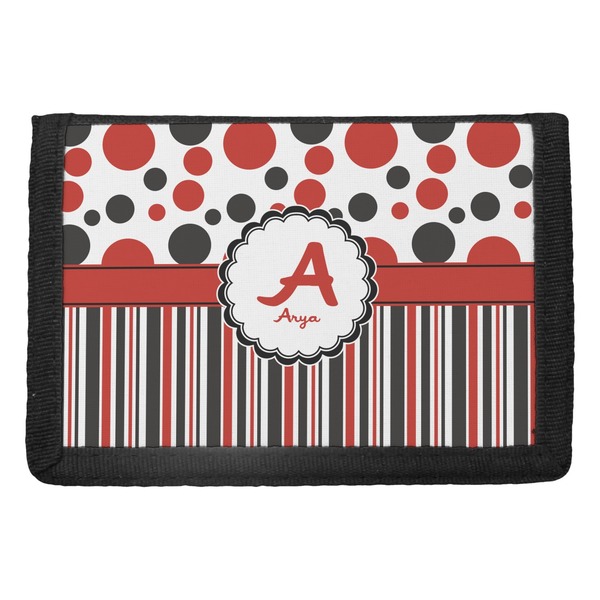 Custom Red & Black Dots & Stripes Trifold Wallet (Personalized)
