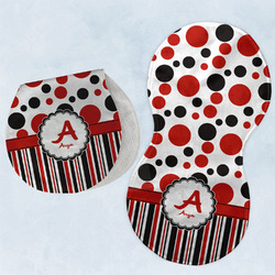 Red & Black Dots & Stripes Burp Pads - Velour - Set of 2 w/ Name and Initial