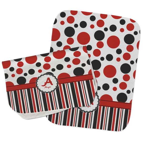 Custom Red & Black Dots & Stripes Burp Cloths - Fleece - Set of 2 w/ Name and Initial