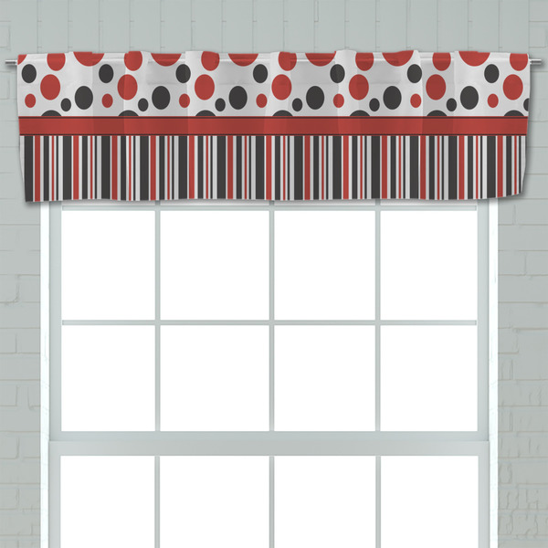 Red & Black Dots & Stripes Valance - Closeup on window