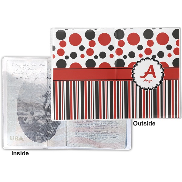Red & Black Dots & Stripes Vinyl Passport Holder - Flat Front and Back