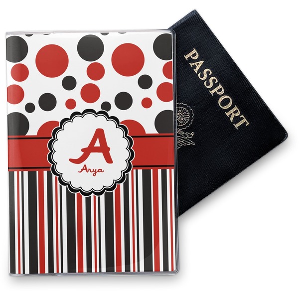 Custom Red & Black Dots & Stripes Vinyl Passport Holder (Personalized)