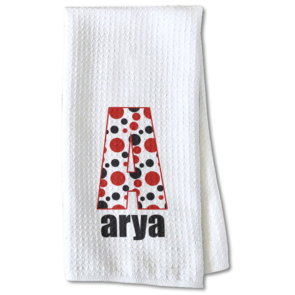 Custom Red & Black Dots & Stripes Kitchen Towel - Waffle Weave - Partial Print (Personalized)