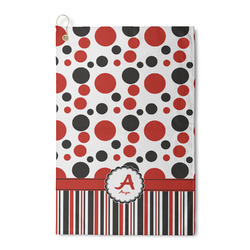 Red & Black Dots & Stripes Waffle Weave Golf Towel (Personalized)