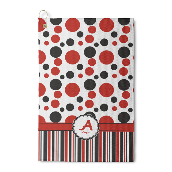 Custom Red & Black Dots & Stripes Waffle Weave Golf Towel (Personalized)