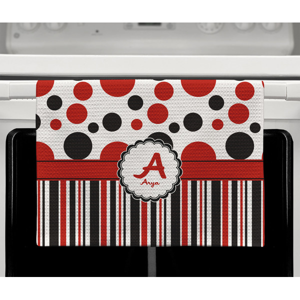 Red & Black Dots & Stripes Waffle Weave Towel - Full Color Print - Lifestyle2 Image