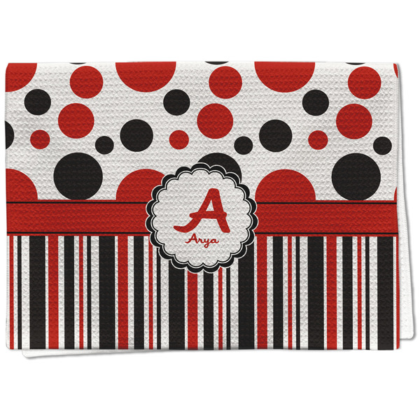 Custom Red & Black Dots & Stripes Kitchen Towel - Waffle Weave (Personalized)