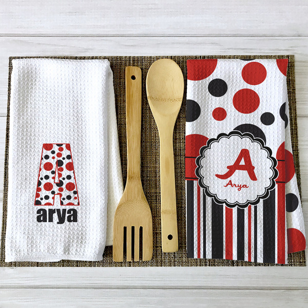 Red & Black Dots & Stripes Waffle Weave Towels - 2 Print Styles