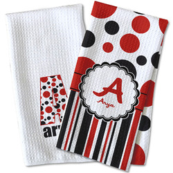 Red & Black Dots & Stripes Waffle Weave Kitchen Towel (Personalized)