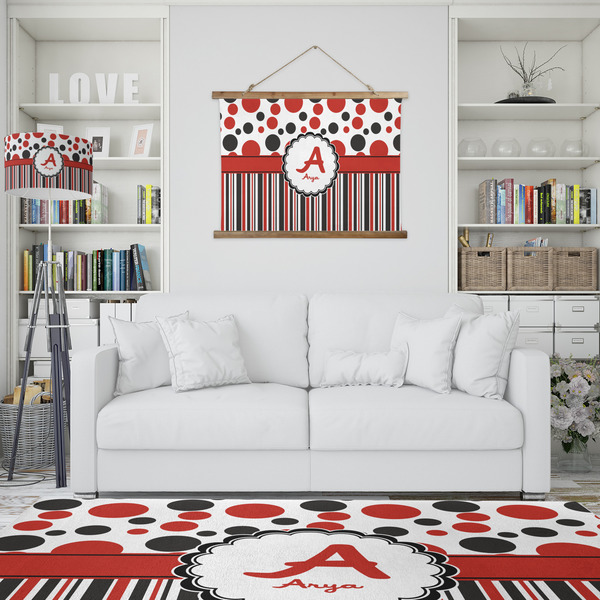 Red & Black Dots & Stripes Wall Hanging Tapestry - IN CONTEXT