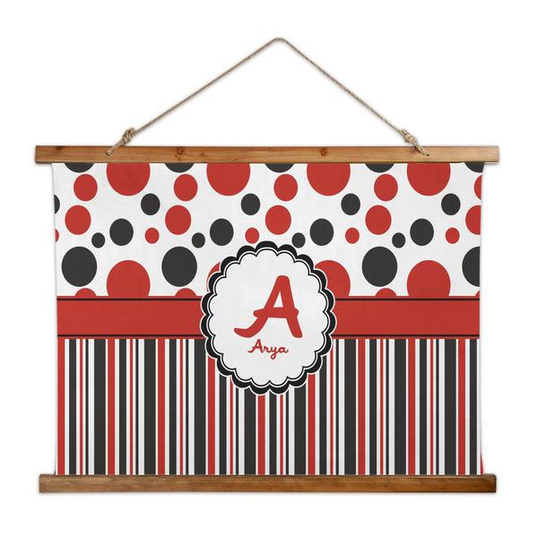 Custom Red & Black Dots & Stripes Wall Hanging Tapestry - Wide (Personalized)
