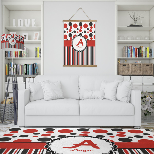 Red & Black Dots & Stripes Wall Hanging Tapestry - Portrait - IN CONTEXT