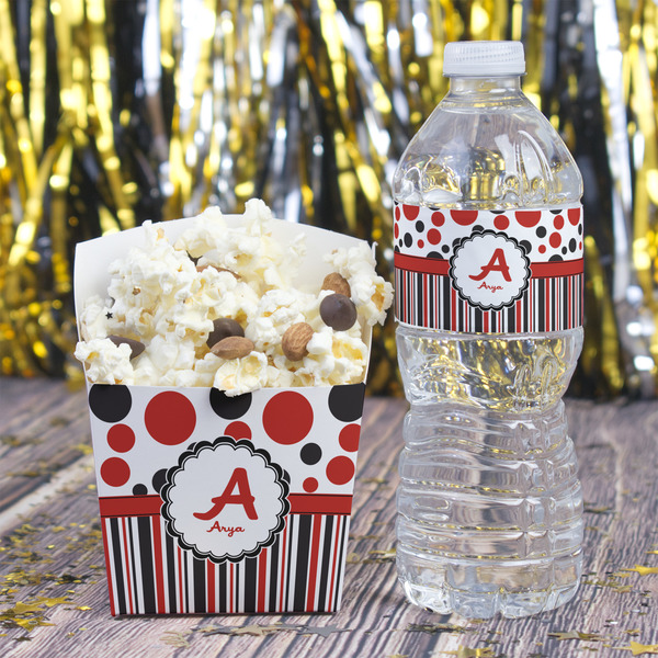Red & Black Dots & Stripes Water Bottle Label - w/ Favor Box