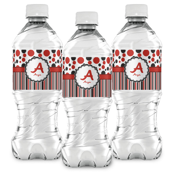 Red & Black Dots & Stripes Water Bottle Labels - Front View
