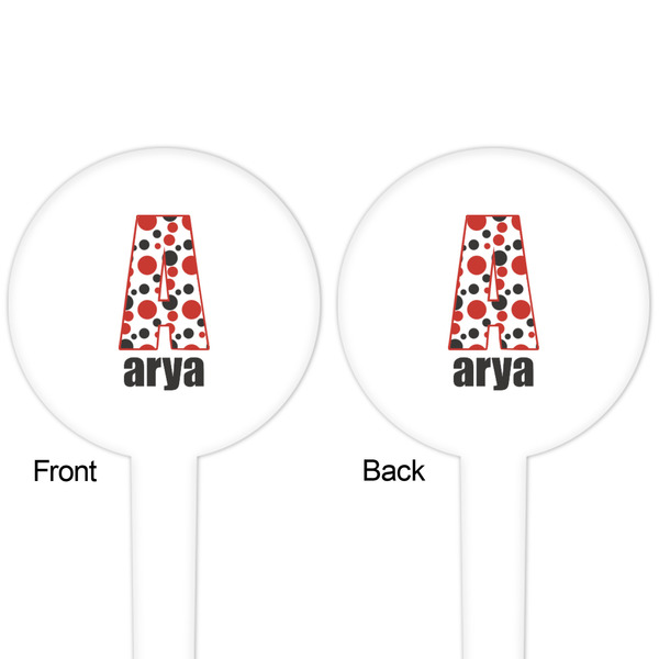 Red & Black Dots & Stripes White Plastic 4" Food Pick - Round - Double Sided - Front & Back