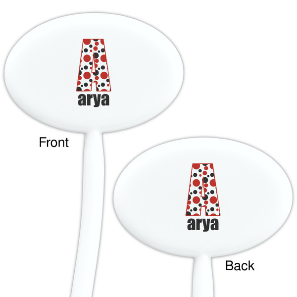 Red & Black Dots & Stripes White Plastic 7" Stir Stick - Double Sided - Oval - Front & Back