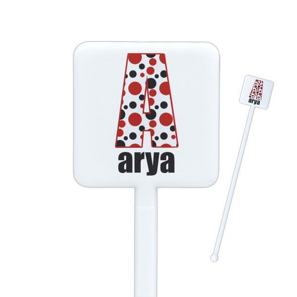 Custom Red & Black Dots & Stripes Square Plastic Stir Sticks (Personalized)