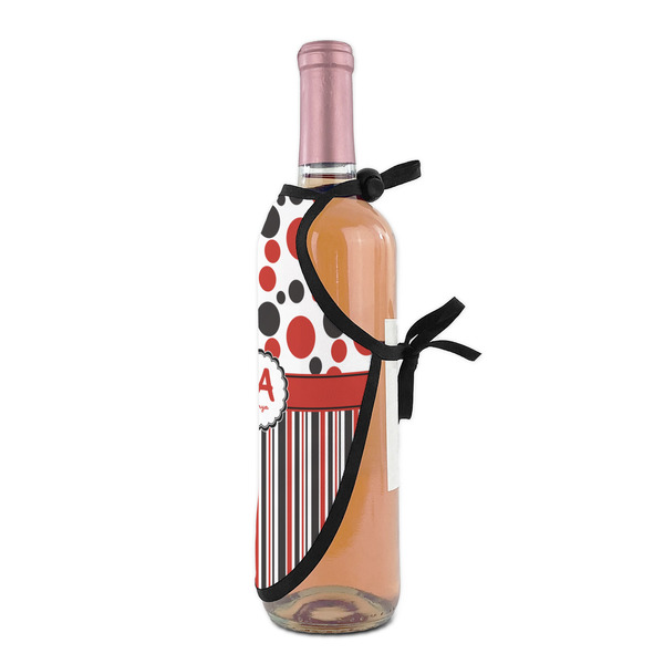 Red & Black Dots & Stripes Wine Bottle Apron - DETAIL WITH CLIP ON NECK