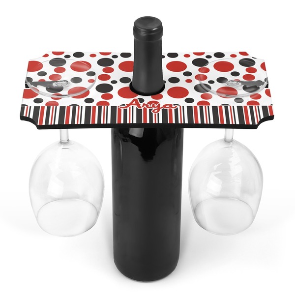 Custom Red & Black Dots & Stripes Wine Bottle & Glass Holder (Personalized)