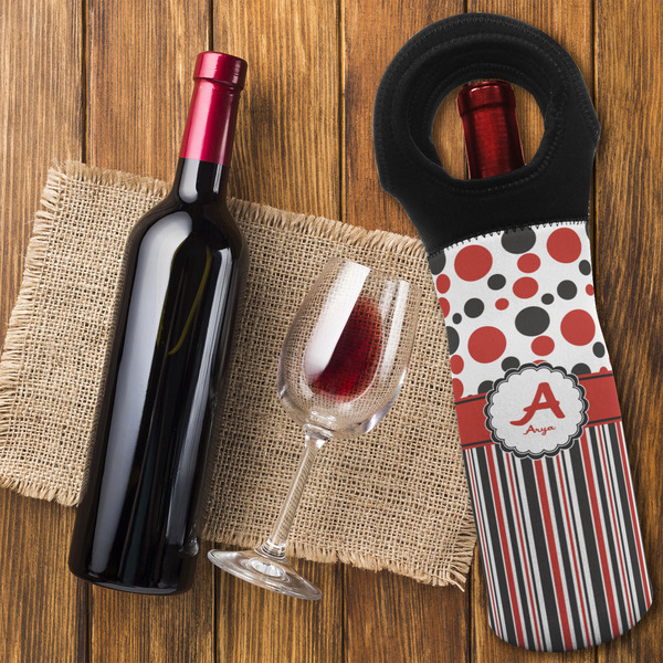 Red & Black Dots & Stripes Wine Tote Bag - FLATLAY