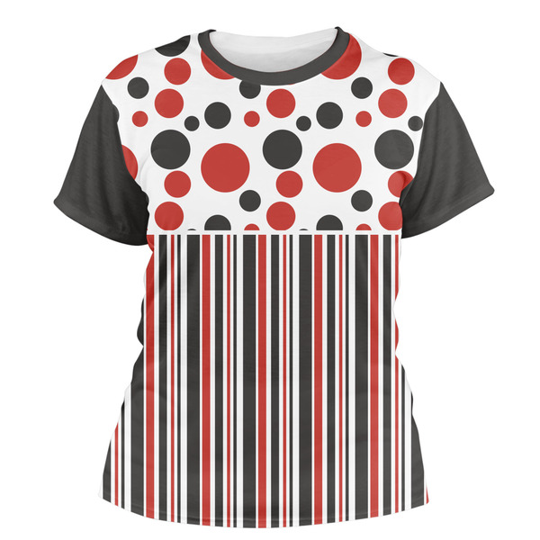 Custom Red & Black Dots & Stripes Women's Crew T-Shirt