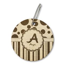 Red & Black Dots & Stripes Wood Luggage Tag - Round (Personalized)