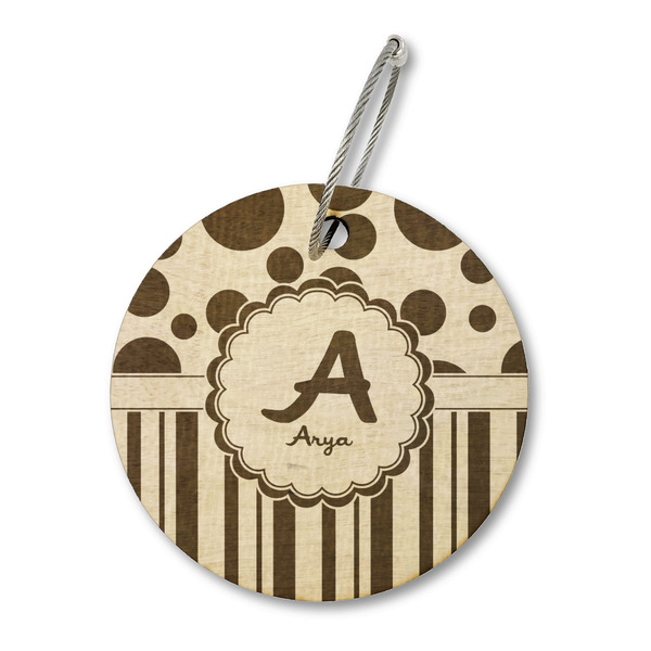 Custom Red & Black Dots & Stripes Wood Luggage Tag - Round (Personalized)