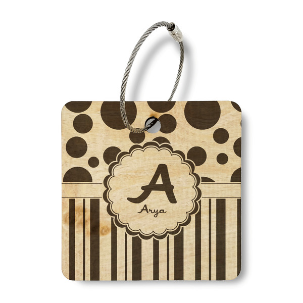 Custom Red & Black Dots & Stripes Wood Luggage Tag - Square (Personalized)