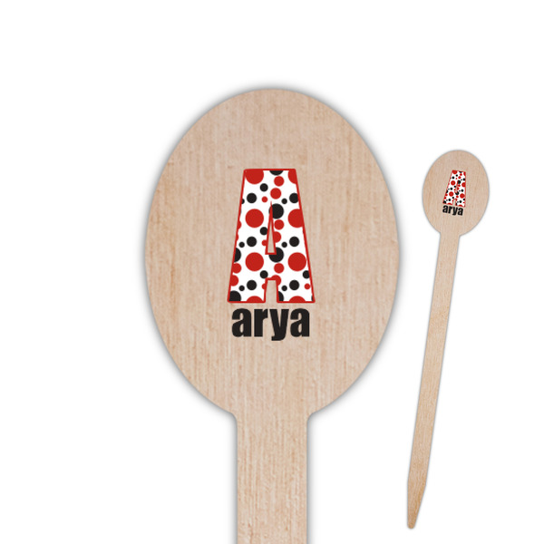 Custom Red & Black Dots & Stripes Oval Wooden Food Picks - Single Sided (Personalized)