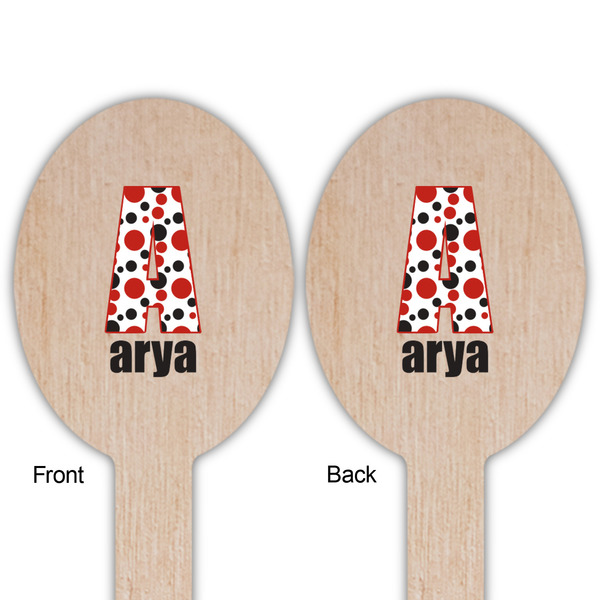 Red & Black Dots & Stripes Wooden Food Pick - Oval - Double Sided - Front & Back