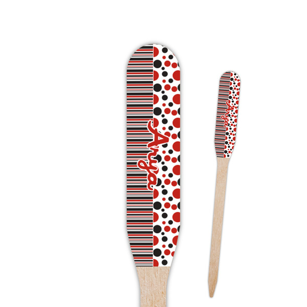 Custom Red & Black Dots & Stripes Paddle Wooden Food Picks - Double Sided (Personalized)
