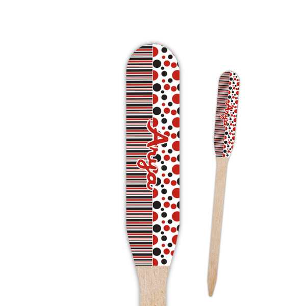 Custom Red & Black Dots & Stripes Paddle Wooden Food Picks - Single Sided (Personalized)