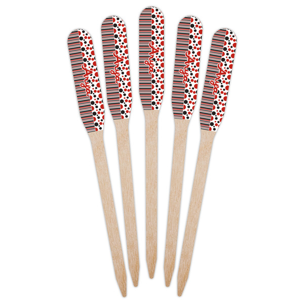 Red & Black Dots & Stripes Wooden Food Pick - Paddle - Fan View