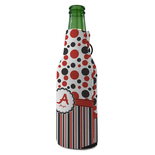 Red & Black Dots & Stripes Zipper Bottle Cooler - ANGLE (bottle)