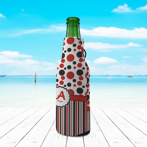 Red & Black Dots & Stripes Zipper Bottle Cooler - LIFESTYLE