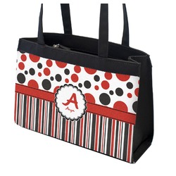 Red & Black Dots & Stripes Zippered Everyday Tote w/ Name and Initial