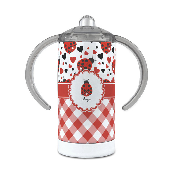 Custom Ladybugs & Gingham 12 oz Stainless Steel Sippy Cup (Personalized)