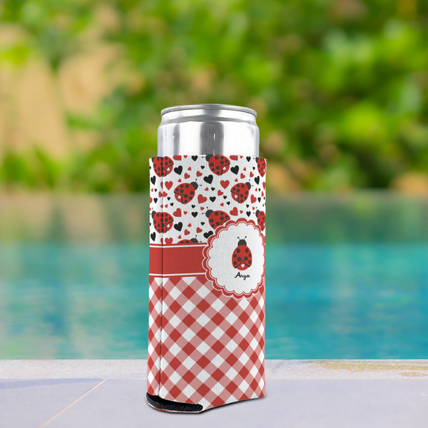 Ladybugs & Gingham Can Cooler - Tall 12oz - In Context