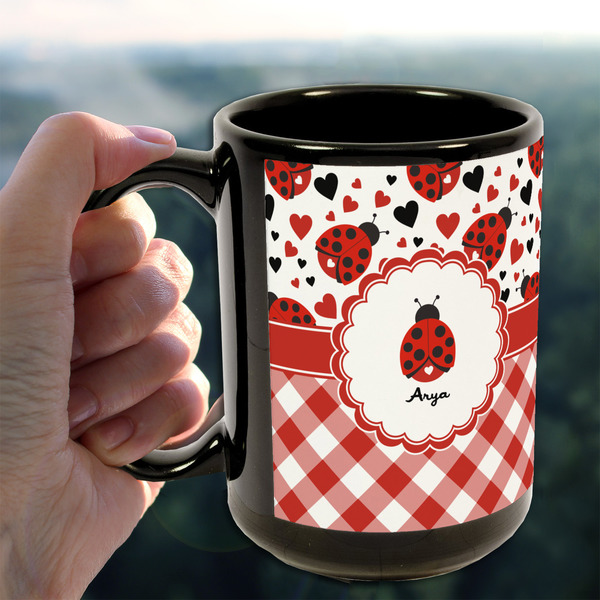 Ladybugs & Gingham 15oz. Black Mug - LIFESTYLE