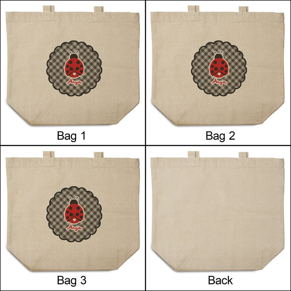 Ladybugs & Gingham 3 Reusable Cotton Grocery Bags - Front & Back View