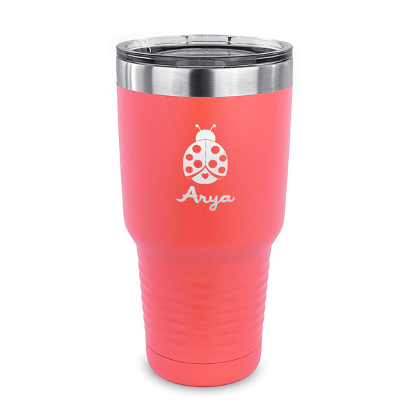 Custom Ladybugs & Gingham 30 oz Stainless Steel Tumbler - Coral - Single Sided (Personalized)