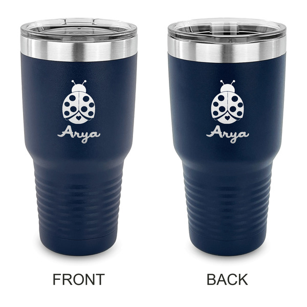 Custom Ladybugs & Gingham 30 oz Stainless Steel Tumbler - Navy - Double Sided (Personalized)