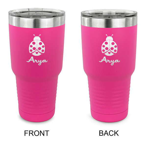 Custom Ladybugs & Gingham 30 oz Stainless Steel Tumbler - Pink - Double Sided (Personalized)