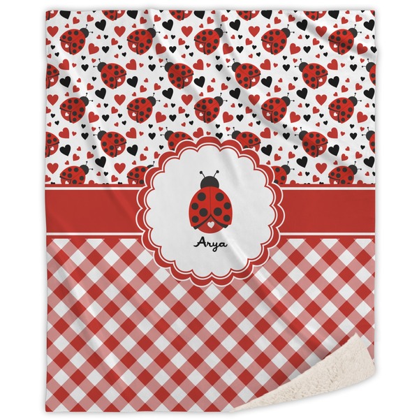 Custom Ladybugs & Gingham Sherpa Throw Blanket - 60"x80" (Personalized)