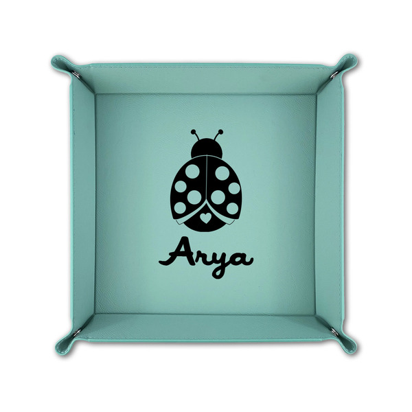 Ladybugs & Gingham 6" x 6" Teal Leatherette Snap Up Tray - FOLDED UP